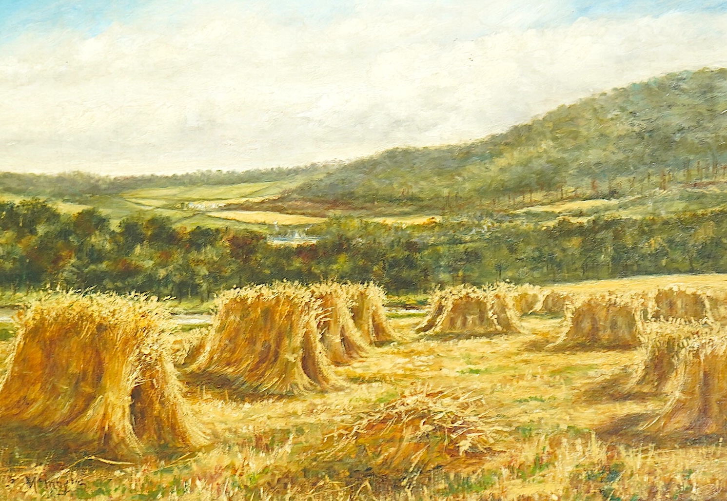 James McIntyre (Scottish, fl.1880-1909), Harvest at Muirton, near Perth, oil on canvas, 26 x 36cm